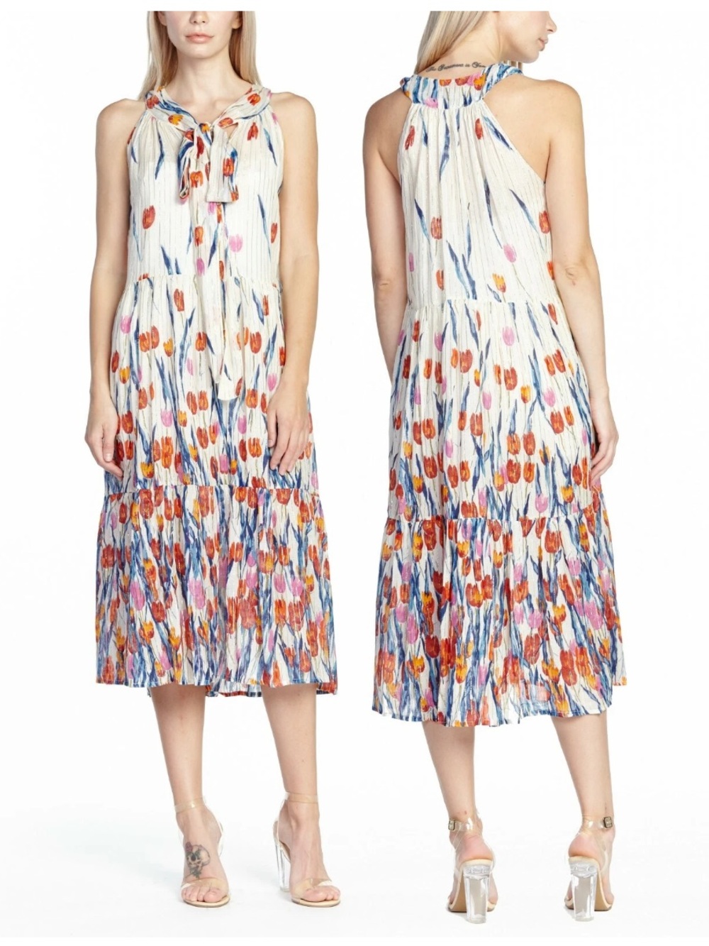 Aratta Silent Journey Tulip Floral Midi Dress Halter Neck Pleated Tiered Cream L